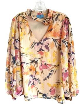 CeCe Long Sleeve Floral Print V Neck Chiffon Blouse with Rosette Neck Choker